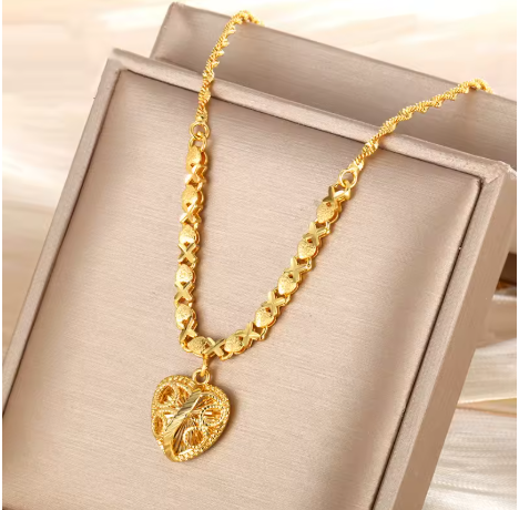 24K Real Gold Heart Pendant Water Wave Chain For Women.